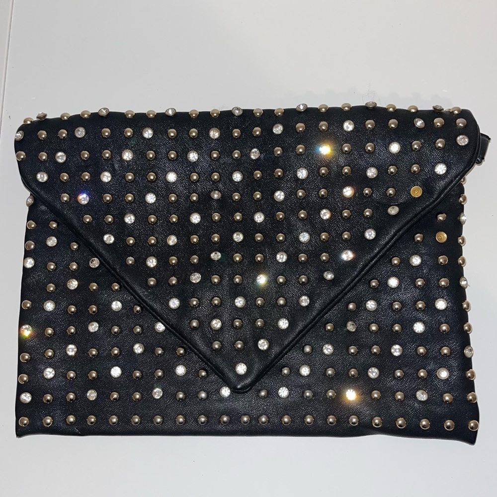 RHINESTONE + STUD BLACK LEATHER OVERSIZE CLUTCH